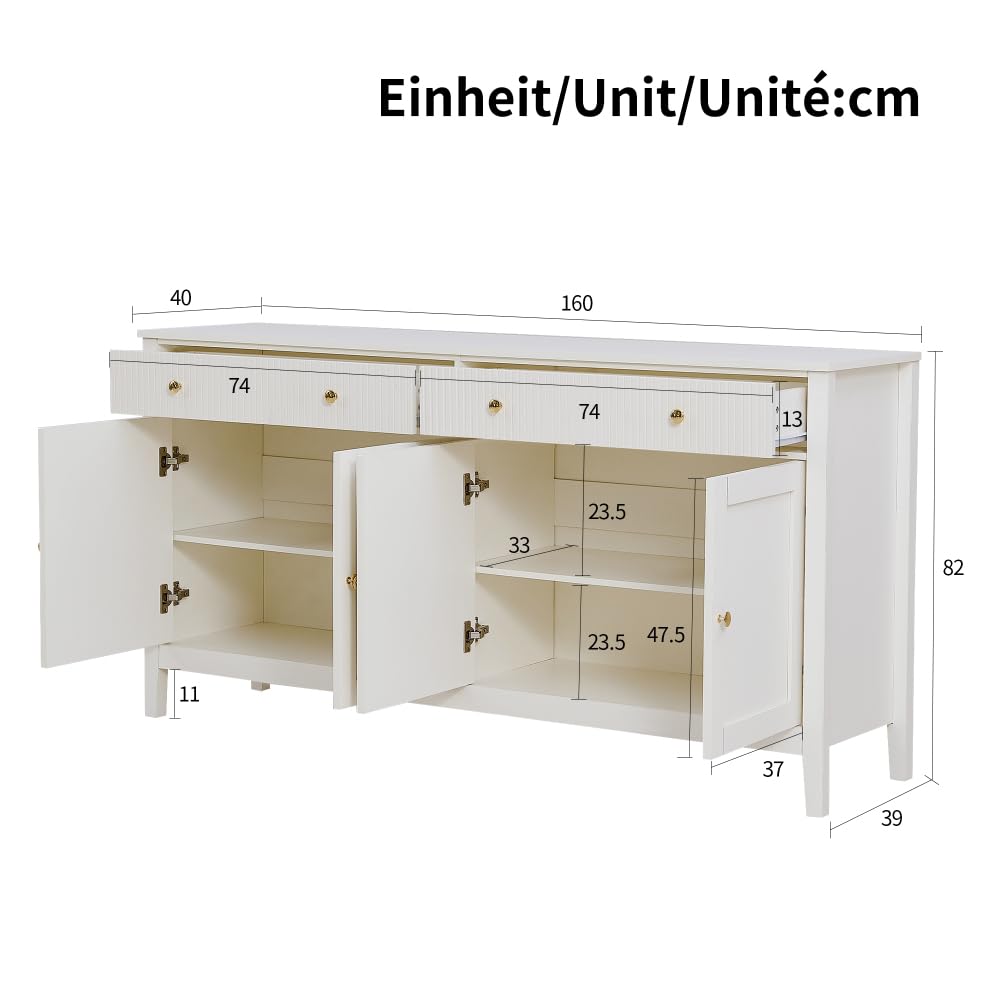 Elegante credenza per sala da pranzo con 2 cassetti e 4 ante, elegante buffet per cucina, sala da pranzo e soggiorno, con maniglie dorate e ampio spazio di archiviazione, bianco