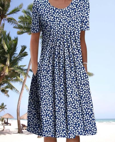 Womens Boho Dresses Short Sleeve Crewneck Casual Floral Print Beach Vacation Dress with Pockets for 2025 Summer2