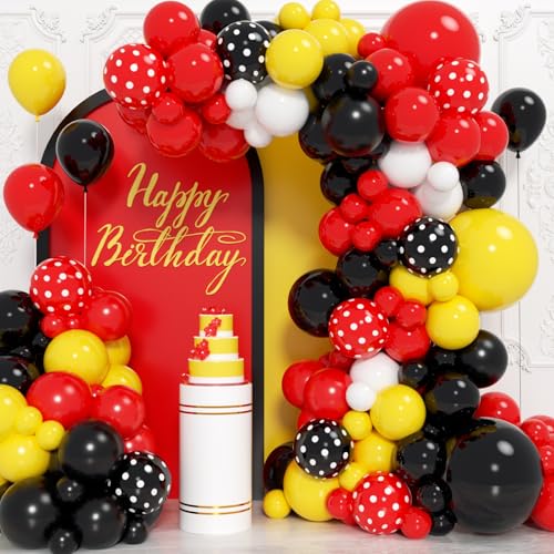 PityBlns Red Yellow Black Balloons Arch Kit 183pcs Different Size Cartoon Mouse Theme Red Yellow Black Balloon Garland Kit for Birthday Baby Shower Engagements Cartoon Game Theme Backdrop Party Decor