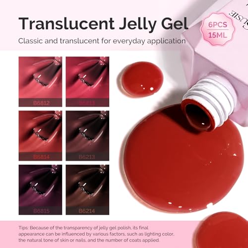 Image of MelodySusie Jelly Gel Nail Polish Set,6 Transparent Colors,Milky or Jelly Texture,Deep Red Colors Soak Off UV LED Light Cure or Salon Manicure and Nail Art DIY at Home 15ML 0.3Fl Oz