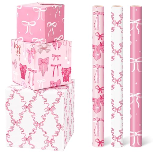WERNNSAI Pink Bow Wrapping Papers - 3 Rolls 17 x 120 Princess Bow Wrapping Paper for Girls Women Birthday Gift Packing Supplies Wedding Baby Shower Graduation Party Decor Favor