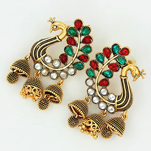 Image of Nakabh Traditional Gold Plated Oxidised Alloy Jhumki Earrings for Women Stylish