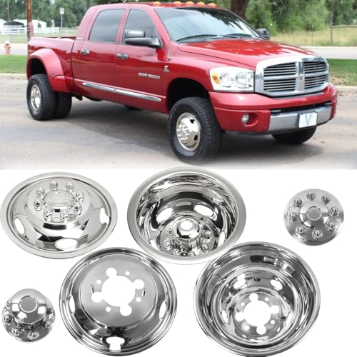 Image of 17 inch Polished Stainless Steel Dually Wheel Simulators fit for 2003-2018 Dodge Ram 3500,4pcs Nice Looking Bolt On Wheel Cover with Removable Centre Cap,8 Lug 5 Hand Hole Hubcap