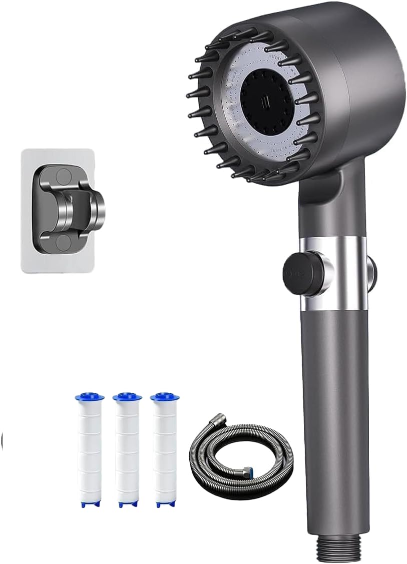 Dusch F Grey Hard Water Filter Shower Head, High Pressure Handheld Showerhead With 4 Spray Modes, Pause Switch, 1.5M Hose & Adjustable Holder, Water Saving Massage Shower For Chlorine Removal-6.5Cm