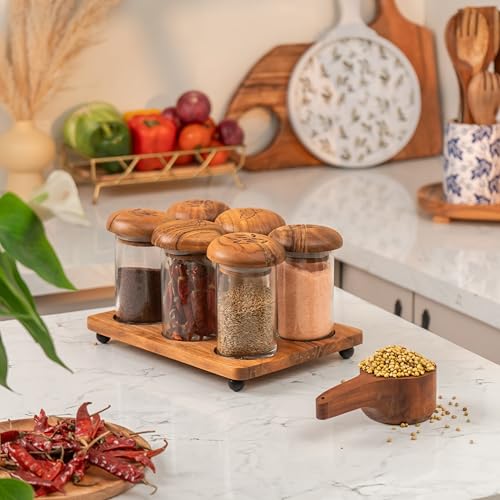 Image of Zest Storage Jar Set, Set of 6 | Glass & Acacia Wood
