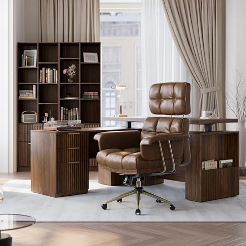Executive Leather Office Chair - Brown Ergonomic Desk Chair with Thick Cushion & Lumbar Support, Comfy Mid Century Modern Swivel Computer Chair for Home Office - Image 3