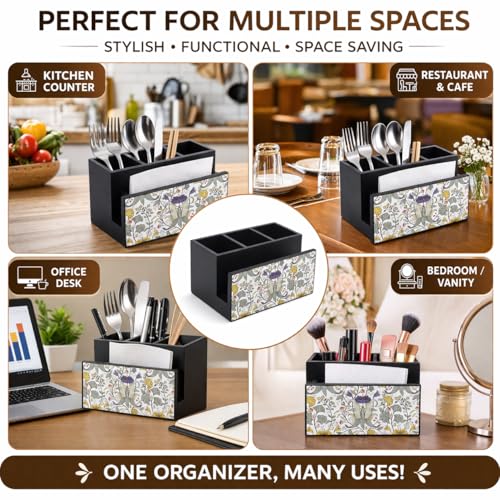 Image of Reinvention Factory Wooden Cutlery Holder I Countertop Organizer - Spoon Fork Knife Napkin Tissue Paper I Home & Kitchen I Size 7 inch X 5 inch X 4 inch I Retro Hibiscus
