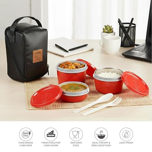 Image of CELLO MF Micro Insulated Lunch Box | Stainless Steel Inner | 3 Container with Leather Carry Pouch | Lunch Pack for Office & School, College Use | 3 Units | Red