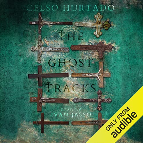 The Ghost Tracks audiobook cover depicting church crosses at a 90 degrees angle, forming a ladder os some sort