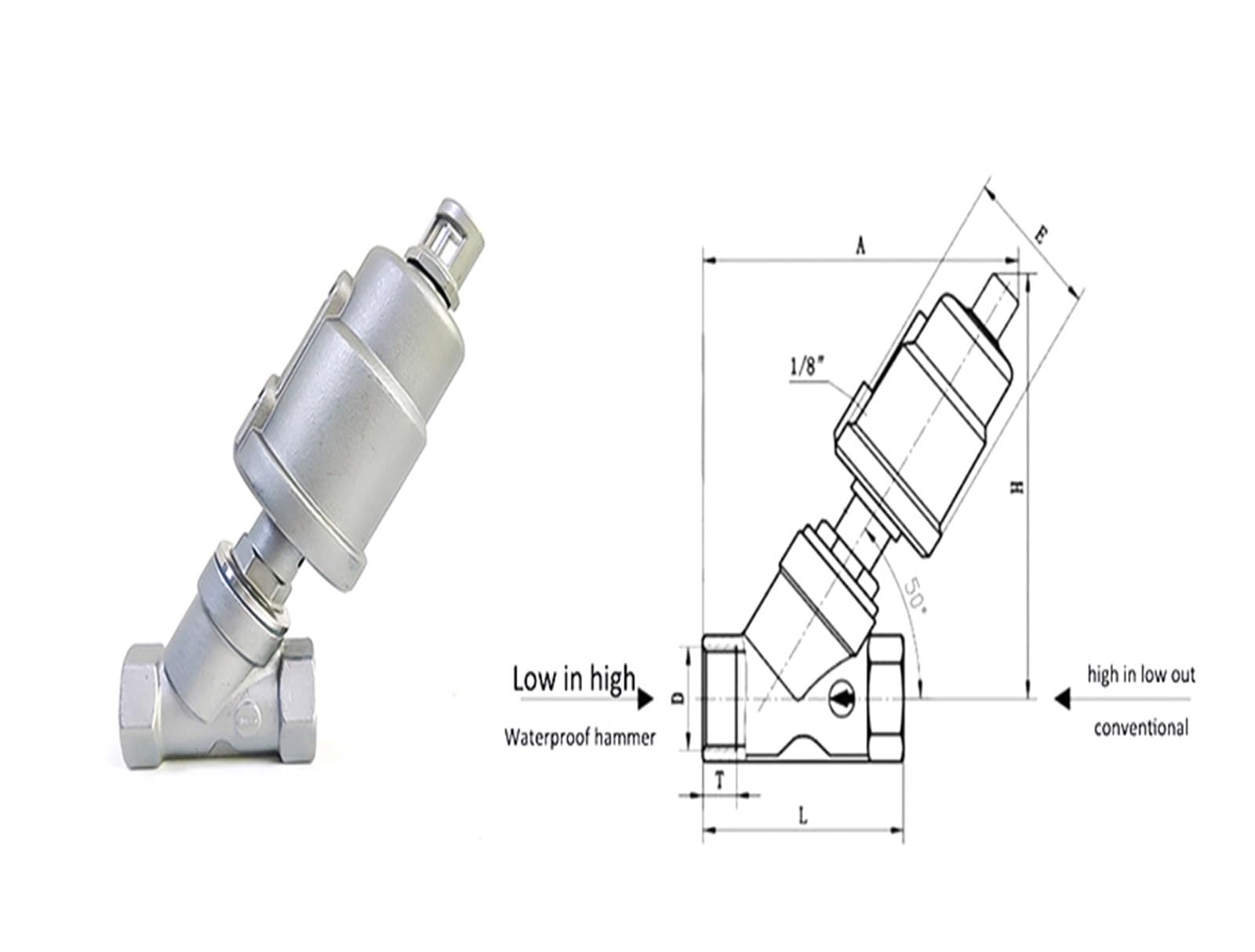 Valvola a sede angolare filettata pneumatica in acciaio inossidabile da 1-1/2 "Valvola a sede angolare filettata a e ad alta temperatura di tipo Y(Single acting)