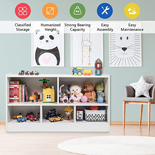 Costzon Toy Storage Organizer For Kids, 5-Section School Classroom Storage Cabinet For Organizing Books Toys, Wooden Bookshelf Daycare Furniture For Playroom, Kids Room, Nursery, Kindergarten (White) #TOP7