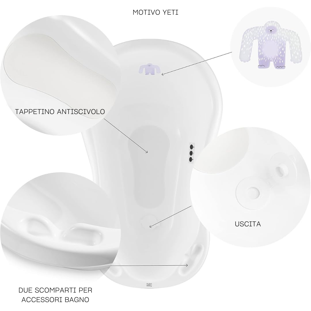 Hylat Baby Yeti Bianca Vaschetta Bagnetto Neonato con Tappo di Scarico e Termometro, Vaschetta Antiscivolo per Bambini Fino a 12 Mesi in Plastica Senza BPA, Vaschetta per Neonati, Bambini