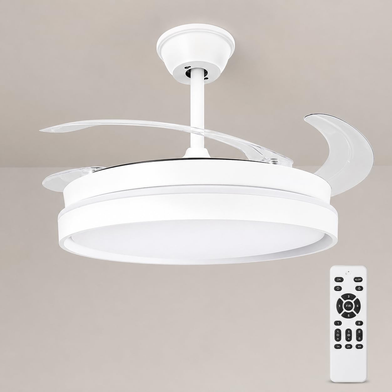 M mimotec- Ventilatore da Soffitto White Afar Retrattile con Luce LED CCT 40W Ø107 cm, Motore DC Silenzioso, Telecomando, 6 Velocità, Pale Pieghevoli, Timer e Funzione Estate/Inverno
