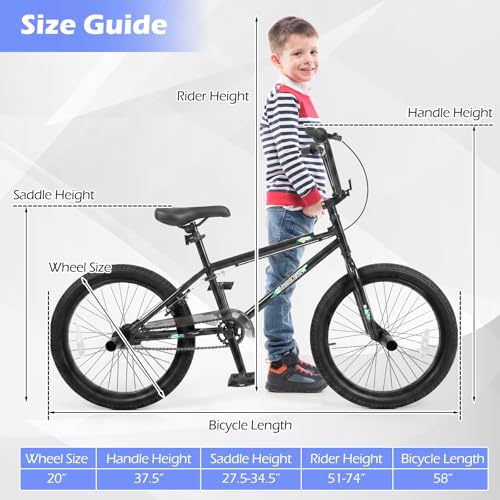 Image of Goplus Freestyle BMX Bike, 20 inch Trick Bicycle w / 360 Degree Steering, 4 Pegs, Adjustable Seat, U-Brake, Hi-Ten Steel Frame, Training Bike for Beginner Riders Teens Youth Boys Girls