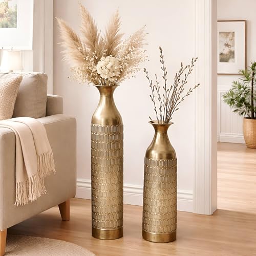 Dekoleidenschaft 2X Bodenvase Gold aus Metall schlank 63 & 72 cm groß XL Vase Deko Blumenvase