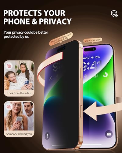 Image of PDDKISS 2 Pack Privacy Screen Protector for iPhone 17 Tempered Glass 6.3 Inch + 2 Pack Lens Protector Anti-Spy Anti-Glare HD Easy Installation