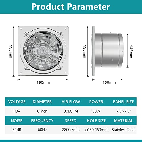 Hg Power 6 Inch Kitchen Exhaust Fan, Powerful Bathroom Vent Fan With Damper, Potable Window Fan, Small Fume Extractor Ventilation Fan For Shop, Smoking Room, Garage, Silver #TOP4