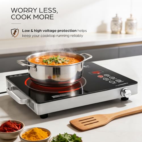 Image of Kenstar Infra LUMO PRO 2200W Infrared Stove with Steel Grill Rack|Crystal Glass Top|Touch Panel & Digital Display|Suitable for all cookware|Black and Silver