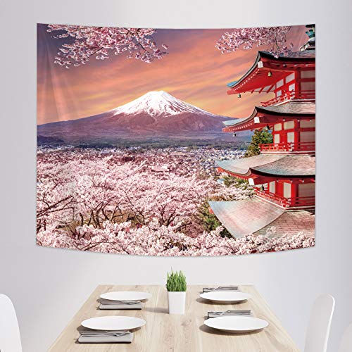 Japanische Wandbehang Wandteppich Asiatische Fuji Berg Tapisserie Japan Pagode Wanddekoration mit Kirschblüten Kunst Natur für Wohnzimmer Schlafzimmer Wanddekoration (59,1 x 51,2 Zoll)