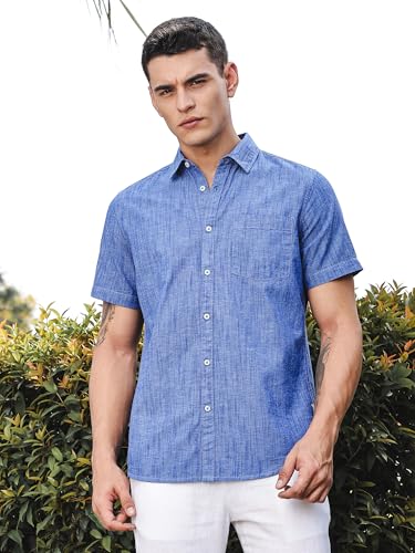 Image of Thomas Scott Men's | Solid | Linen Blend | Slim Fit | Short Sleeve | Spread Collar | Casual |Shirts for Men