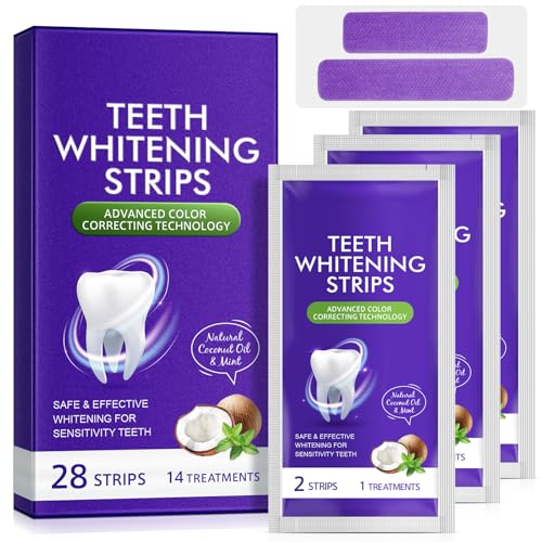 Tiras blanqueadoras moradas, paquete de 28 piezas para blanquear los dientes para 14 tratamientos, resultados rápidos en 30 minutos, fórmula insensible, seguro y antideslizante para todos