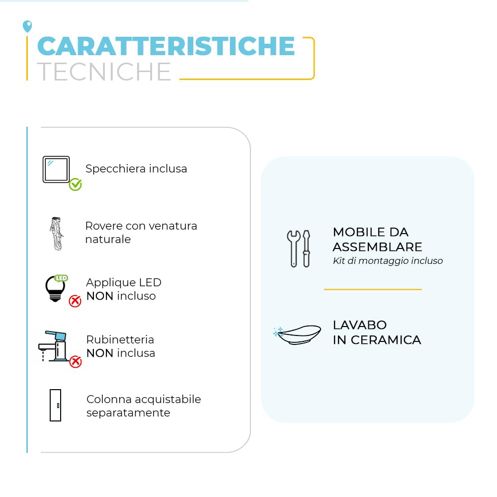 Inbagno Mobile bagno sospeso 80 cm, 2 ante e vano a giorno serie Oasi, colore rovere con venatura naturale, COMPLETO di lavabo in ceramica e specchiera