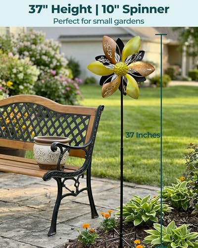 Image of Double-Sided Metal Wind Spinner for Yard, 37 inch Kinetic Garden Decor | Weather-Resistant Finish, Smooth Spinning Motion, Sturdy 5-Prong Stake, Quick Assembly, Ideal for Lawns, Gardens, and Patios