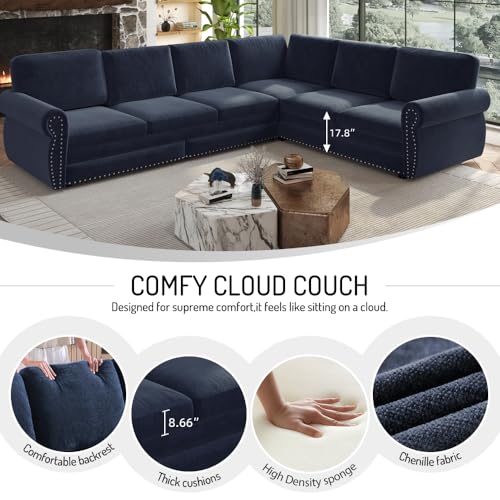 Image of KEIKI 118 inch Chesterfield Sleeper Sofa, Chenille Sectional Couch, Blue | L Shaped, Pull Out Bed Design, Nailhead Trim Detail, Rolled Armrest, 6 Seat Seating, Living Room Guest Room Use