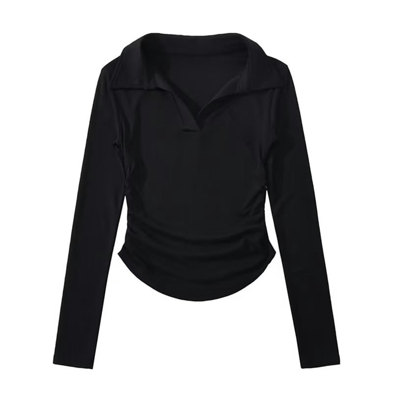 Polo de manga larga mujer camisa de fondo corto plisada ajustada negra mediana