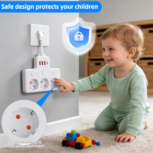 Steckdosenleiste mit 3 Fach Steckdosen mit 3 USB & 1 USB-C,Wandmontage steckdosenverteiler mit Einzelschaltern,steckerleiste für Büro, Hause, Reisen,küche,Badezimmer