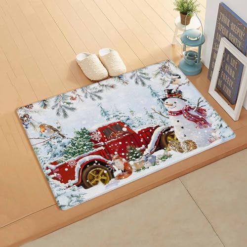 Snowman Blue Kitchen Bath Door Mat Cushioned Runner Rug,Washable Welcome Floor Sink Antifatigue Mat,Waterproof & Non-Slip Comfort Standing Doormat,Christmas Red Truck Snowy Pine Xmas Tree 20