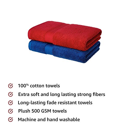 Image of Amazon Brand - Solimo 100% Cotton 2 Piece Bath Towel Set, 500 GSM (Iris Blue and Spanish Red)