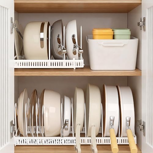 ZxrFxr Adjustable Pots and Pans Organiser: Expandable Pans Organiser Rack Storage and Pan Lid Holder with 10 Dividers and Non Slip Feet for Housewife Kitchen Use (White)