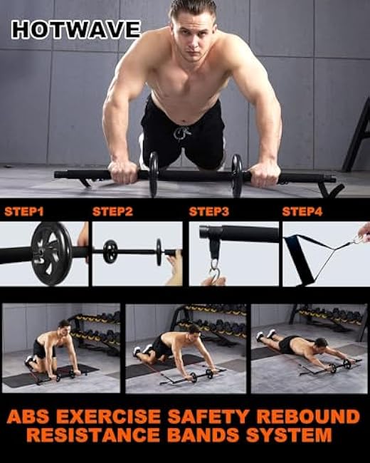 HOTWAVE Pilates Bar Kit with Resistance Bands,Ab Roller for Abs Workout, Squat Machine,Core Strength Training Equipment,Portable Home Gym for Men and Women