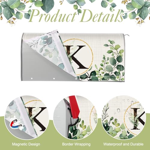 Image of Tiamon Monogrammed K Mailbox Covers Magnetic Eucalyptus Welcome Letter Box Wrap Standard Size 21x18 Inch Spring Summer Leaves Mailbox Decor Eucalyptus Letter Numbers Decoration for Outdoor Garden Yard