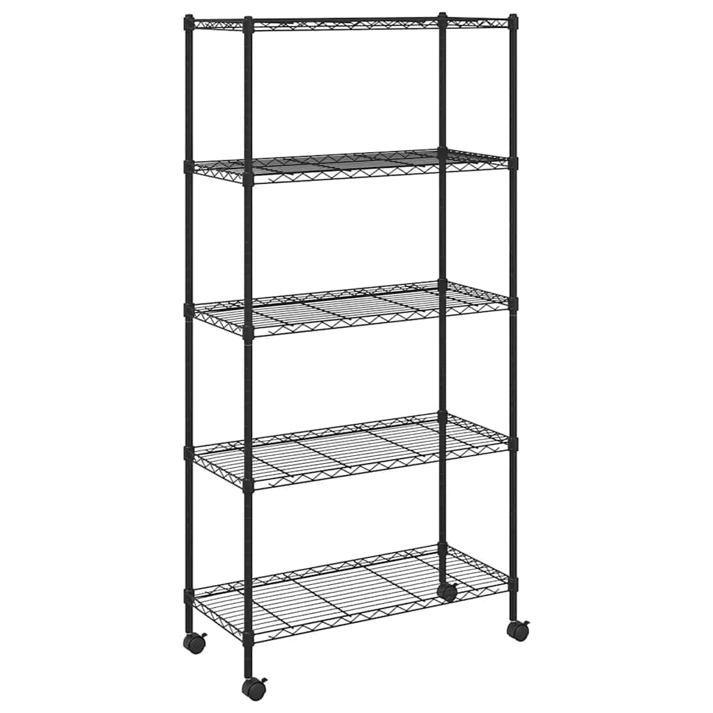Scaffale in ferro nero con ripiani a griglia e 4 ruote, versatile per cucina, bagno, ufficio, cantina o officina