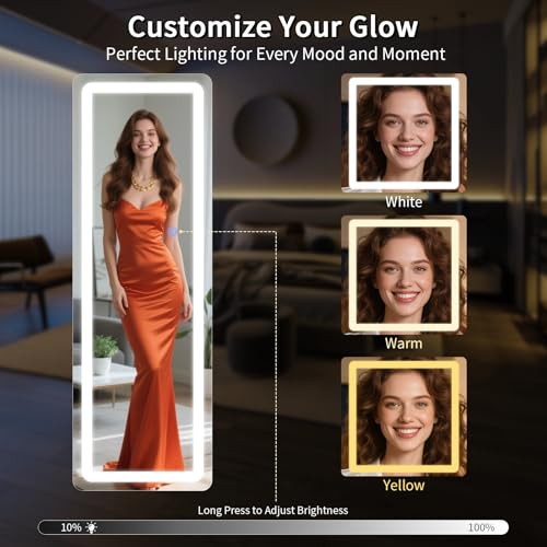 Image of Koonmi LED Full Length Mirror, 56 inchx20 inch Full Length Mirror with Lights, Lighted Floor Mirrors with Stand, Full Body Mirrors with Dimming & 3 Color Lightingfor Living Room Cloakroom, White