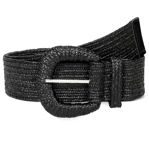 Image of Straw Woven Elastic Belt for Women Stretchy Belts for Dress Fashion Boho Waist Belt Rattan Raffia Ladies Belts