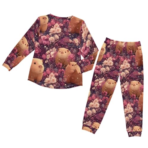 Cute Capybaras Kawaii Pink Soft Pajama Set for All Seasons,Breathable Pjs Long Sleeve Sleepwear,Comfy Loungewear 2 Piece Underwear Set 3T2