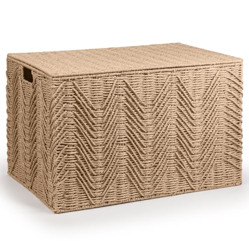 woodluv Storage Basket Trunk Chest Woven Storage Basket with Lid Storage organiser Basket Storage Bedding Blanket & Toy Box Large - Khaki