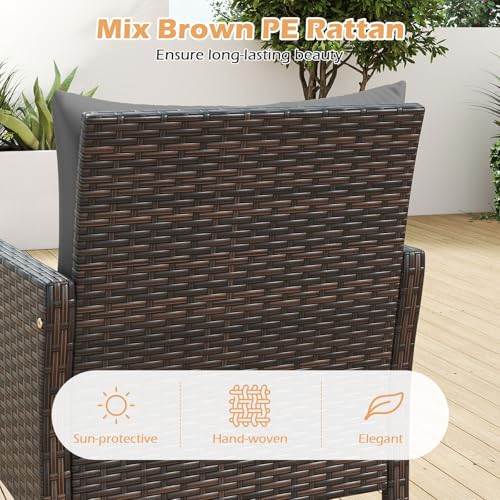 Image of Tangkula 3 Pieces Patio PE Wicker Furniture Set, Outdoor Bistro Conversation Set with Cushions and Tempered Glass Coffee Table, Outside Rattan Table and Chairs for Porch (Gray)