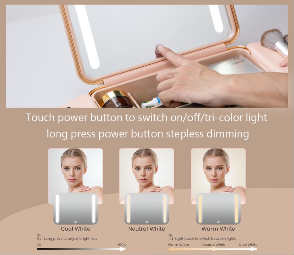 Trousse de Maquillage de Voyage avec Miroir éclairé, 3 Couleurs, Organisateur de cosmétiques, luminosité réglable, boîte de Rangement Portable pour pinceaux de
