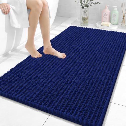 Image of OLANLY Bathroom Rug Mat 44x32, Thick Soft and Absorbent Chenille Bath Mat, Non-Slip Rubber Backing, Machine Washable Quick Dry Bath Rugs for Tub Shower Floor, Home Decor Accessories, Navy Blue