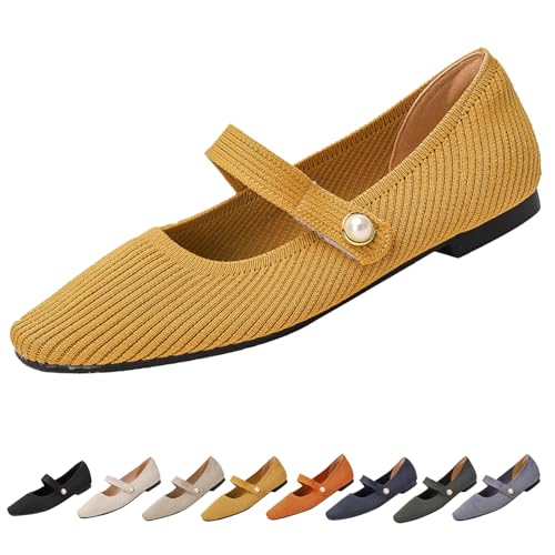 Women's Knit Mary Jane Flats - Lightweight Breathable Slip-On Flats with Adjustable Hook Loop, Pointed Toe Dressy Casual Shoes for Women Machine Washable