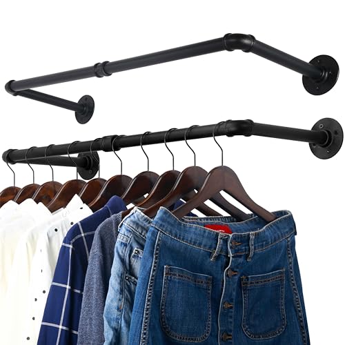WEBI Clothing Rack Wall Mount,32' Industrial Pipe Clothes Rack for Hanging Clothes,Heavy Duty Iron Garment Rack Bar,Retail Display Clothes Rod for Closet,Laundry Room,Black,2 Packs