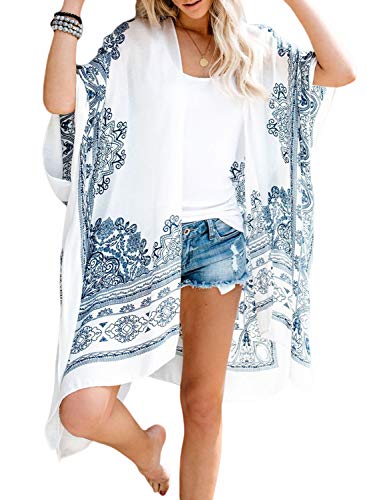 TOUVIE Damen Sommer Strand Kimono Kurzarm Cardigan Bluse Blumen Tops Jacke Beachwear OneSize Weiß Cover