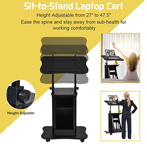 powerstone sit to stand mobile lectern teacher podium portable height adjustable podium stand rolling laptop desk cart with storage shelf swivel top for classroom concert church