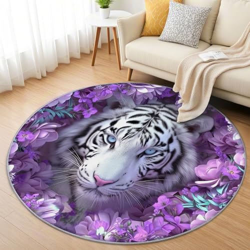 AevuCub Tiger Teppich Rund 150cm Kinderzimmer - Waschbare Teppiche Wohnzimmer 3D Tiere - Runder Teppich 150 Durchmesser - Bettvorleger Schlafzimmer rutschfest Weich