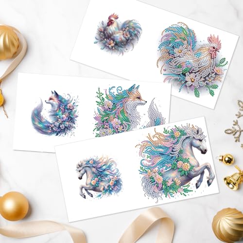 Image of AiYuanzsh Set of 6 Animal Diamond Painting Greeting Cards - Rooster, Turtle, Elephant, Horse, and Fox Designs 5D DIY Craft Kits with Colorful Rhinestones Diamond, Perfect for Birthday and Anniversary