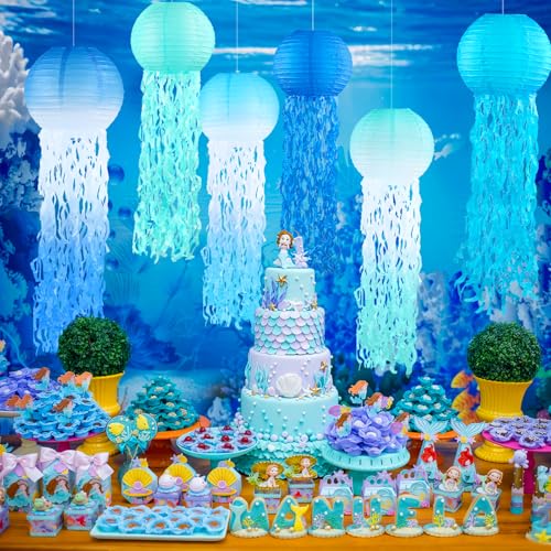 Image of Gradient Blue Jellyfish Paper Lanterns, Under The Sea Party Decorations, Hanging Jelly Fish Paper Lanterns for Mermaid Theme Party Ocean Theme Birthday Decorations Baby Shower Baby Room, 12pcs